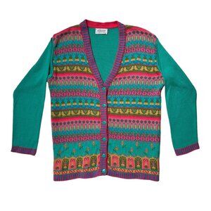 Vintage United Colors of Benetton Sweater Cardigan Italy Novelty Print Knitted.